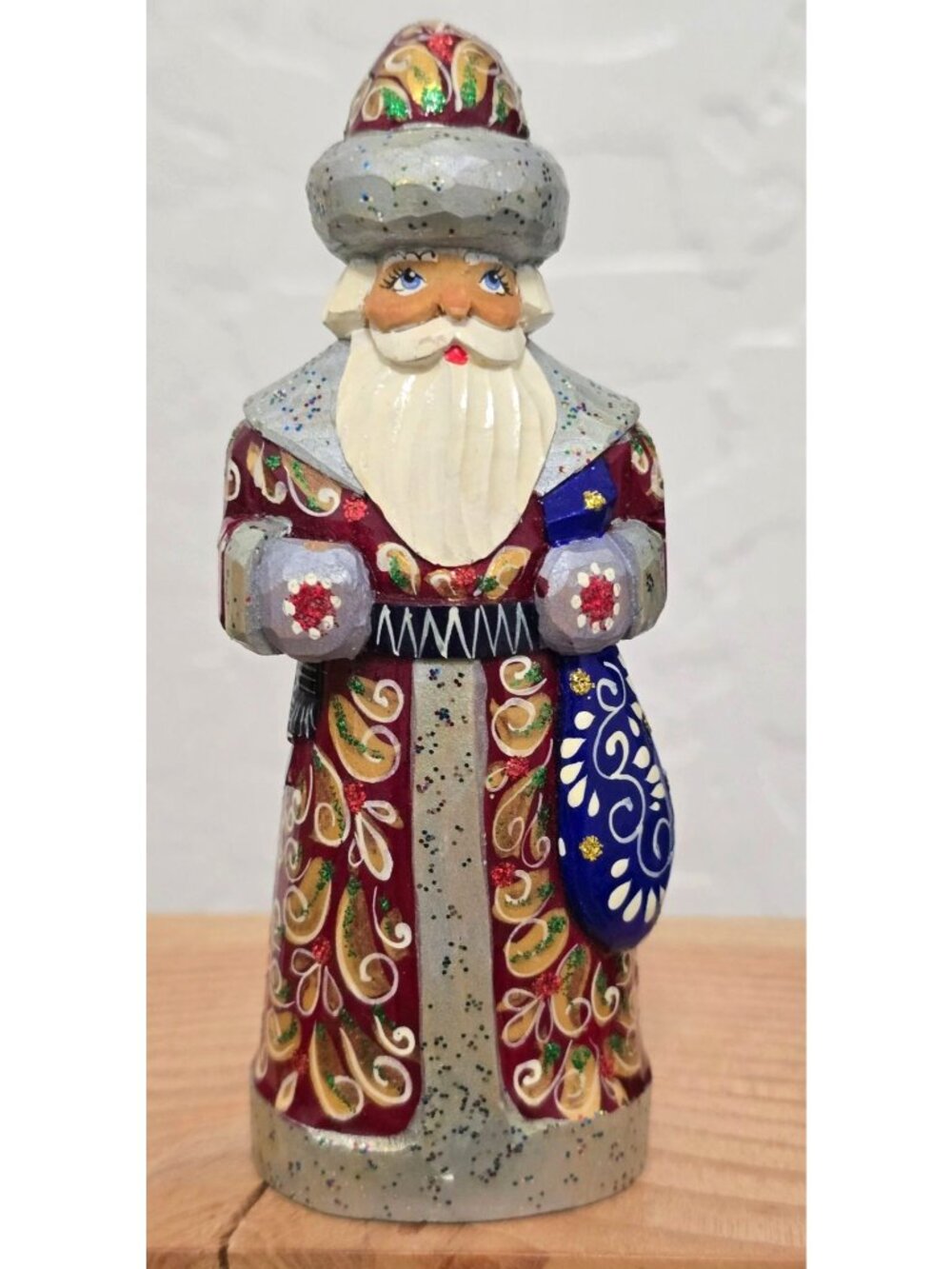 Wooden Russian Hand Carved Painted Santa Figurine 5" Signed